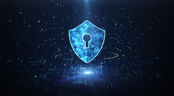 Big Data Protection Cyber Security Concept With Shield Icon In Cyber Space.Cyber Attack Protection For Worldwide Connections,Block chain. Digital Big Data Stream Analysis.